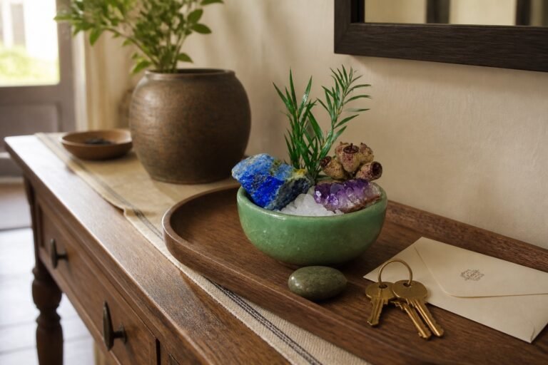 A wooden entryway console holds keys, a green bowl, and a restrained crystal arrangement