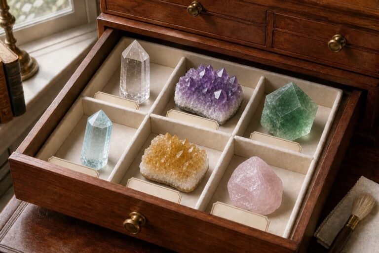 A felt-lined wooden drawer separates six crystal specimens into labeled compartments