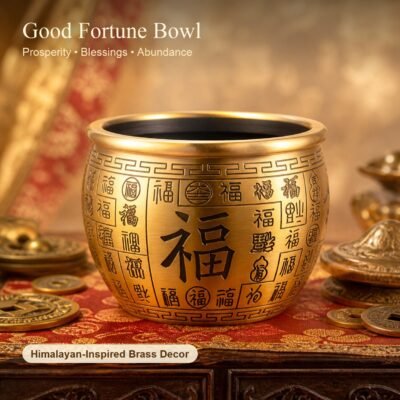 Himalayan Brass Fortune Offering Bowl with hand-carved blessing motifs and a rounded golden rim