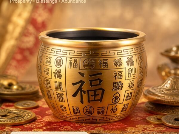 Himalayan Brass Fortune Offering Bowl with hand-carved blessing motifs and a rounded golden rim