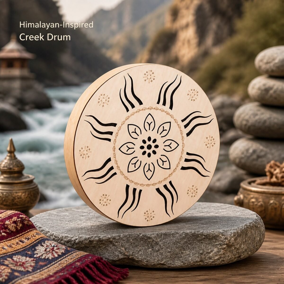 01-himalayan-inspired-creek-drum-main Himalayan Wooden Ritual Drum, a shallow wooden hand-held instrument with carved pattern