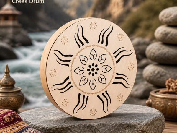 Himalayan Wooden Ritual Drum, a shallow wooden hand-held instrument with carved pattern