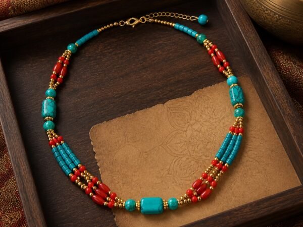 Handwoven Natural Stone Choker with turquoise and red beads