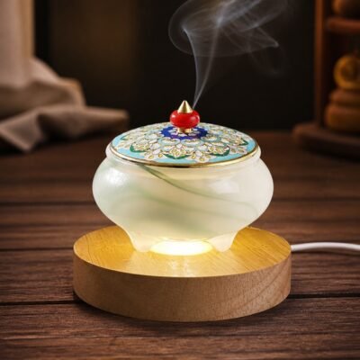Jade Stone Cloisonne Incense Burner with jade-stone body and cloisonne-style decorative lid