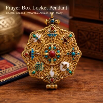Tibetan Ghau Prayer Box Locket Pendant with hinged compartment and decorative symbols
