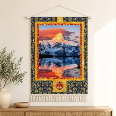 01-snow-mountain-lake-reflection-tapestry Himalayan Wall Tapestry with snowy mountain and lake imagery in a colorful textile design