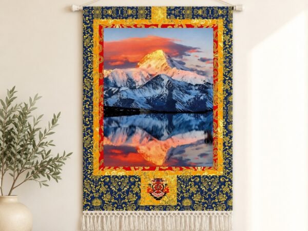 Himalayan Wall Tapestry with snowy mountain and lake imagery in a colorful textile design