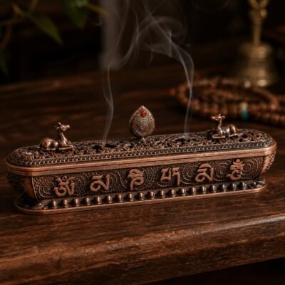 Deer Mantra Incense Burner with paired deer, raised mantras, and a pierced cloud-pattern lid