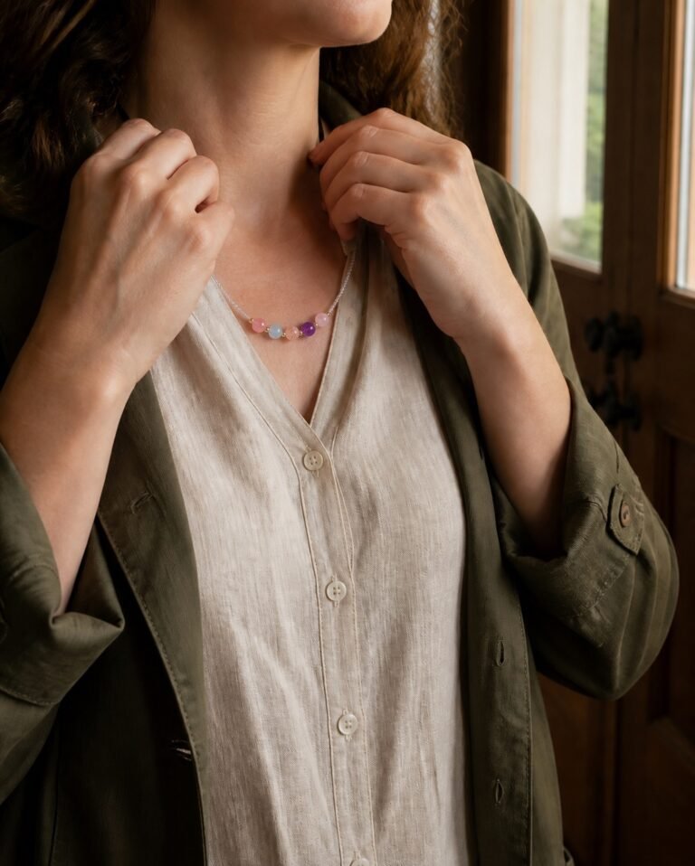 A woman adjusts a delicate multicolour crystal necklace beside a warm wooden window