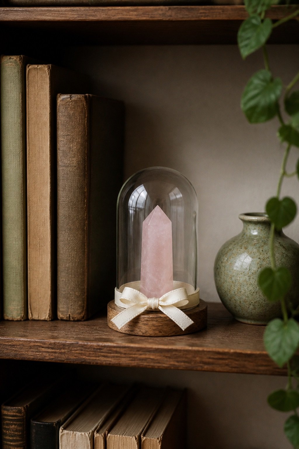 A raw crystal displayed beneath a glass cloche on a wooden bookshelf