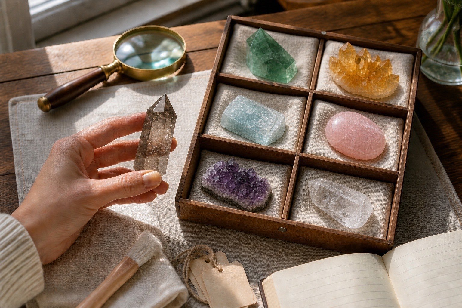 A hand inspects a crystal beside a divided tray, brush, labels, and notebook