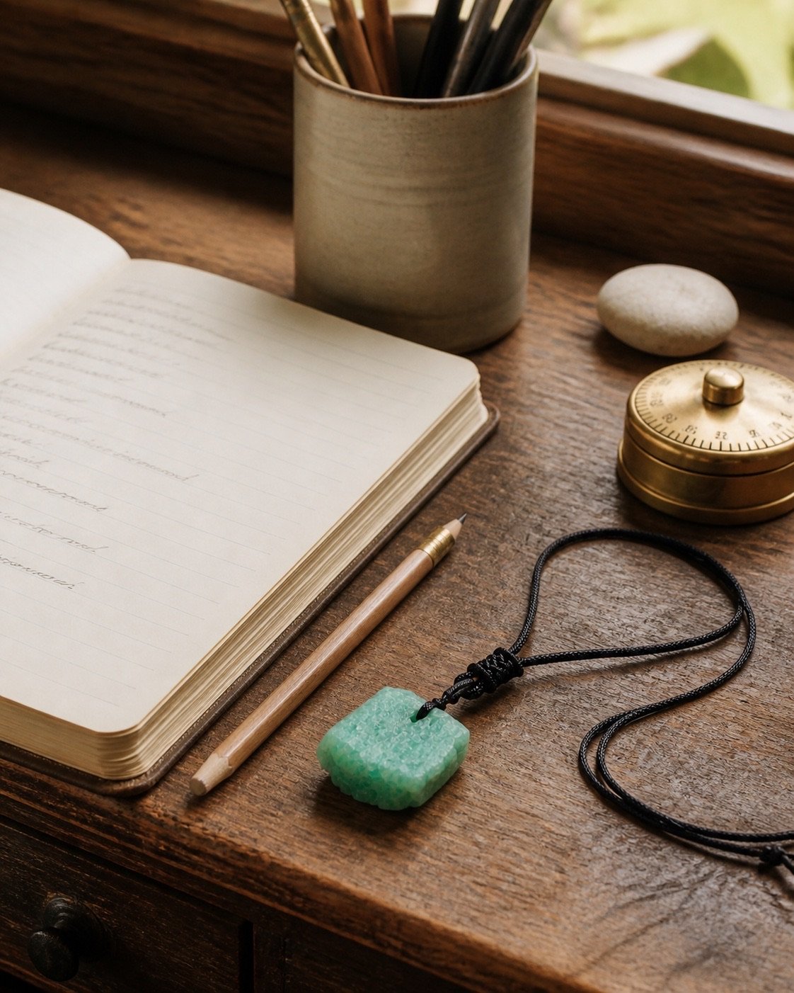 A warm wooden desk with notebook, pencil, timer, and a green stone pendant