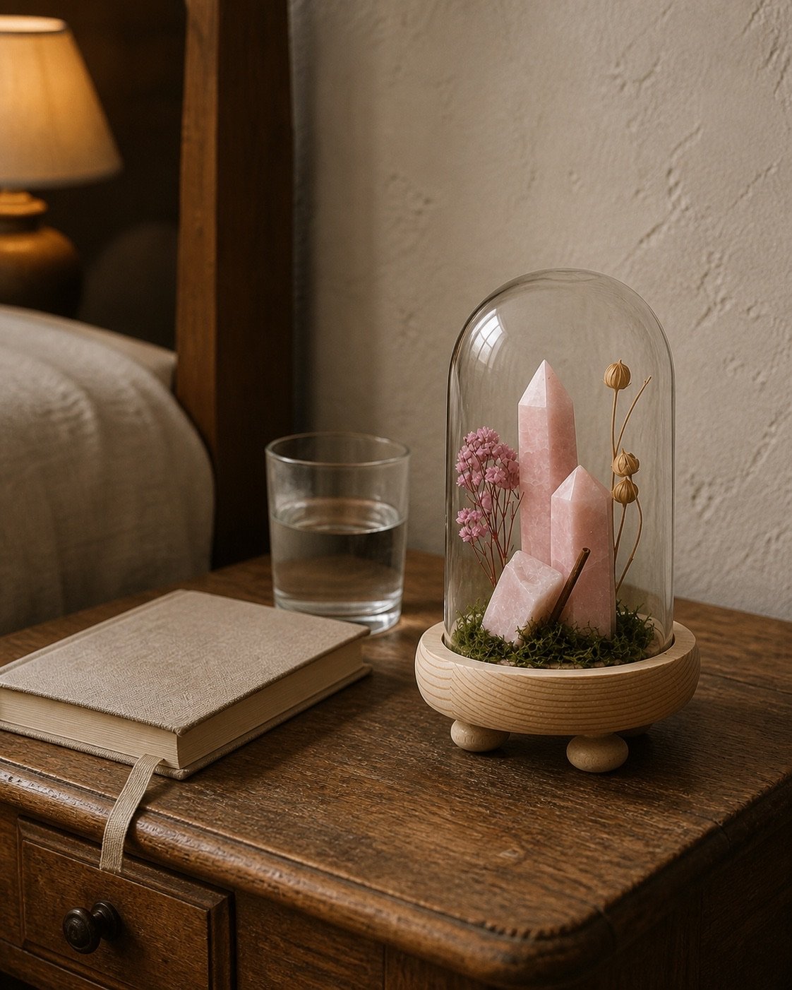 A quiet bedside table with a book, water glass, lamp, and rose quartz under a glass cloche