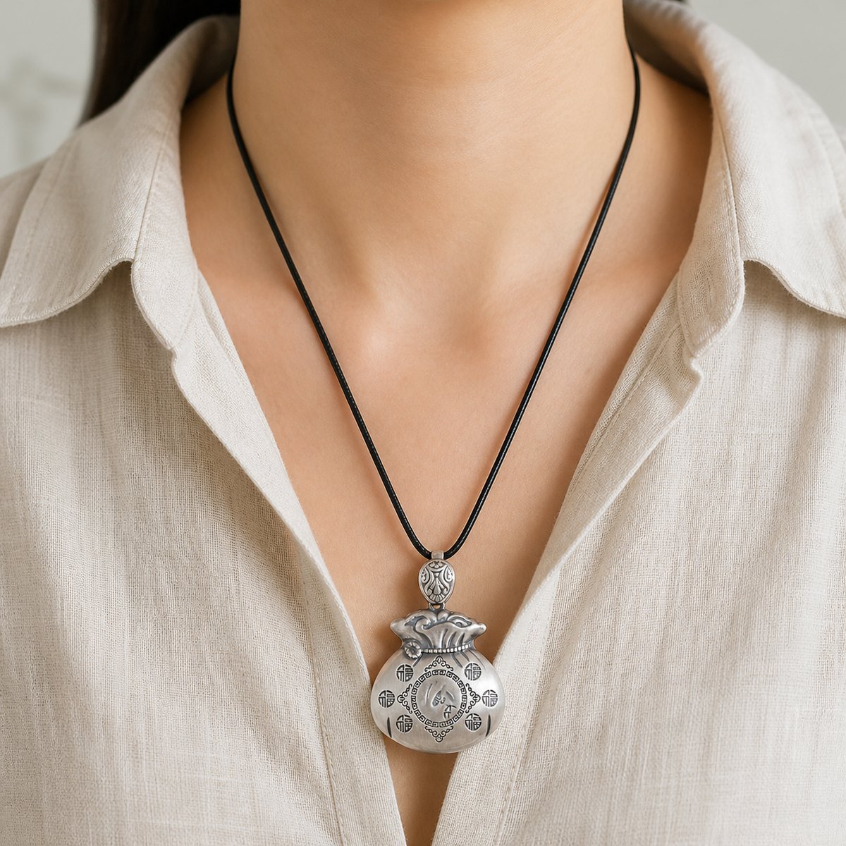 Silver-Plated Fortune Pouch Amulet Necklace