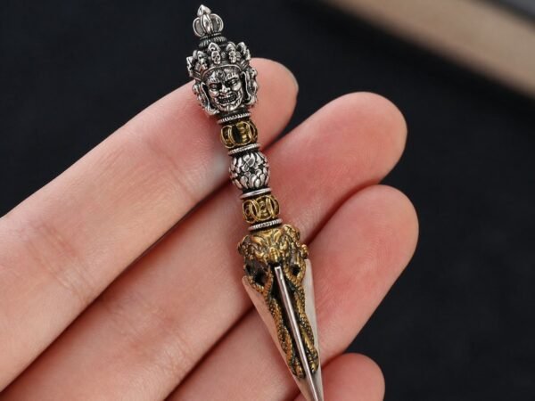 Tibetan Phurba Necklace with a three-sided silver and brass pendant