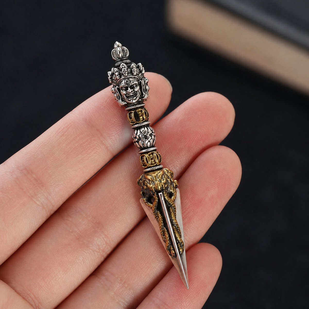 Tibetan Phurba Necklace with a three-sided silver and brass pendant