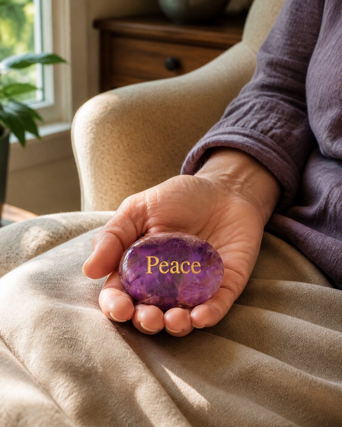 A person holds a polished purple palm stone while seated near a window