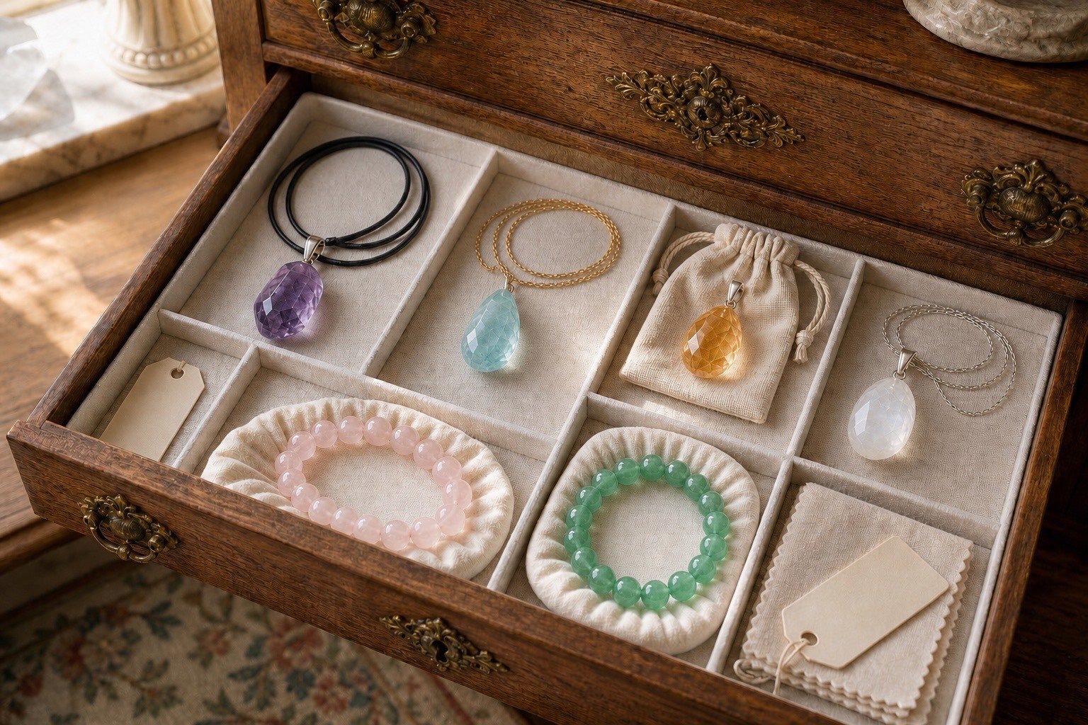 Crystal pendants and bracelets stored separately in a felt-lined wooden drawer