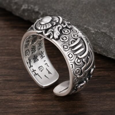 Heart Sutra Wealth Guardian Adjustable Premium Silver Ring