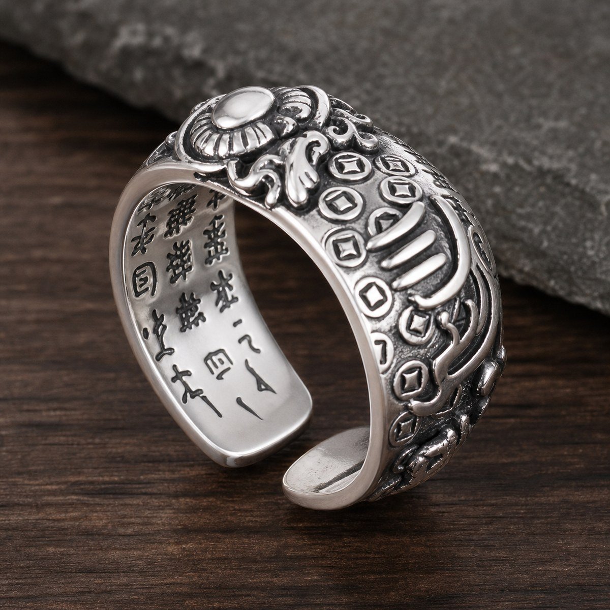 Heart Sutra Wealth Guardian Adjustable Premium Silver Ring