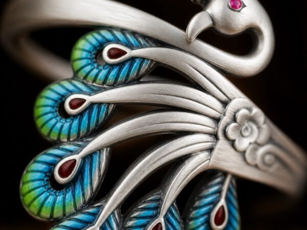 06-enamel-detail-macro Peacock Grace Silver Ring with enamel feather details