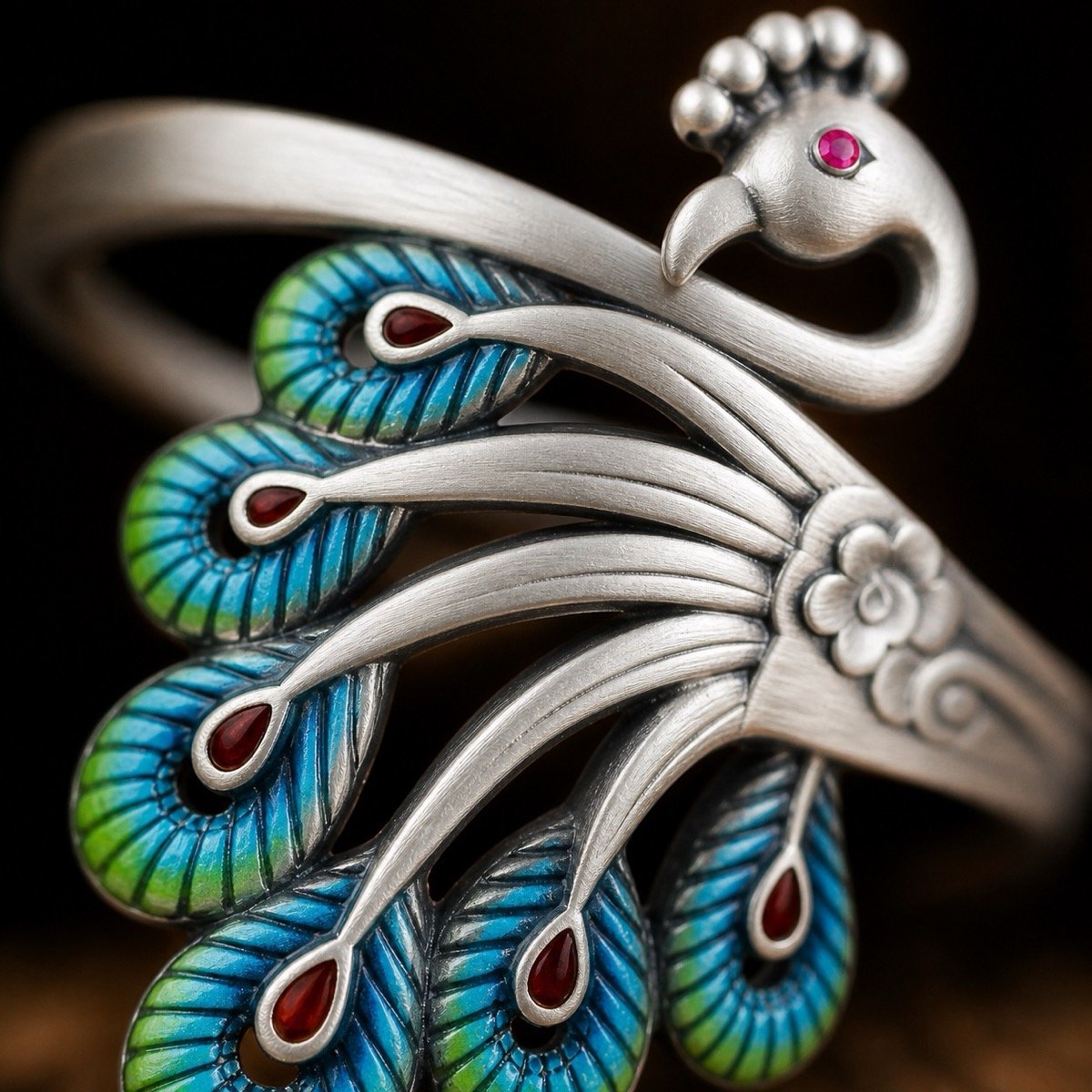 Peacock Grace Silver Ring with enamel feather details
