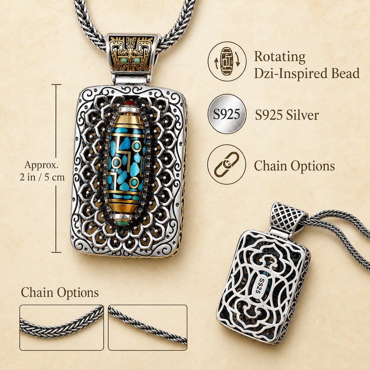 Rotating Dzi Bead Protection Amulet Necklace