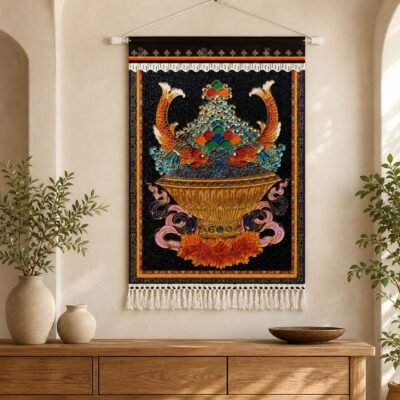 08-treasure-vase-fish-tapestry Himalayan Cotton-Linen Wall Tapestry