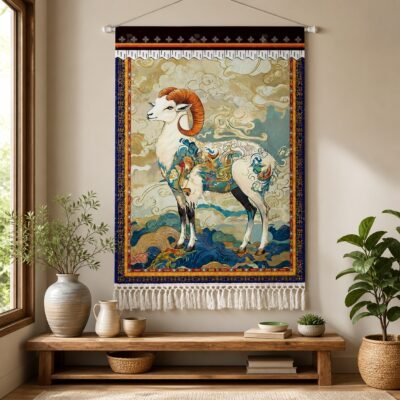 09-white-ram-mountain-tapestry Himalayan Cotton-Linen Wall Tapestry