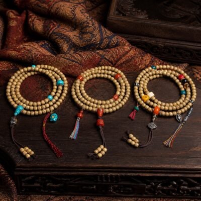 108-bead-bodhi-seed-prayer-mala-main Bodhi Seed Prayer Mala with 108 natural beads, turquoise, and red agate accents