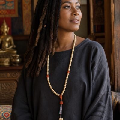 108-bead-bodhi-seed-prayer-mala-wearing-woman-deep 108-Bead Bodhi Seed Prayer Mala