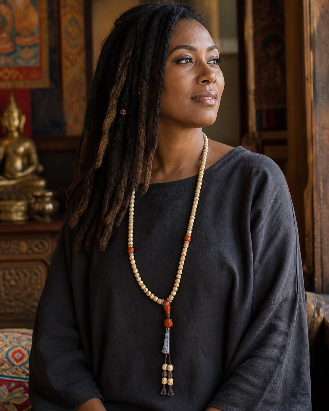 108-bead-bodhi-seed-prayer-mala-wearing-woman-deep 108-Bead Bodhi Seed Prayer Mala