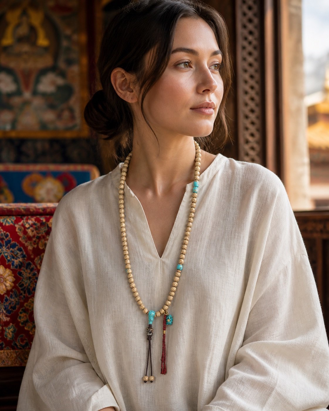 108-bead-bodhi-seed-prayer-mala-wearing-woman-light 108-Bead Bodhi Seed Prayer Mala