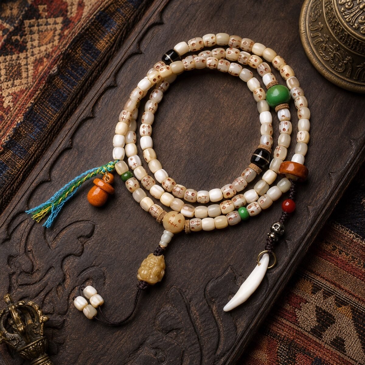 108-bead-carved-accent-prayer-mala-main Carved Accent Prayer Mala with 108 red-marked ivory-tone beads and braided tassel