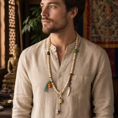 108-bead-carved-accent-prayer-mala-wearing-man-light 108-Bead Carved Accent Prayer Mala