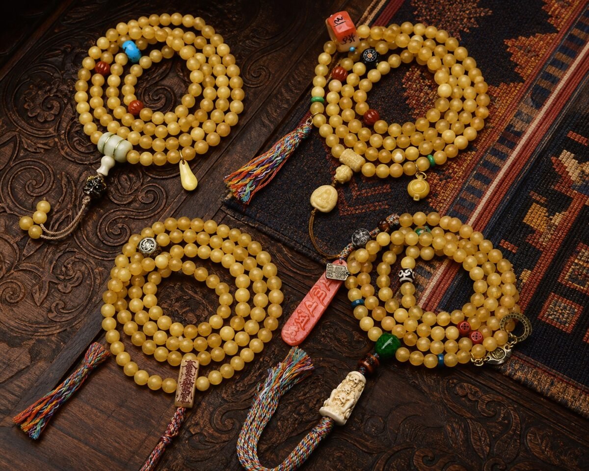 108-bead-golden-carved-charm-mala-main Golden Guardian Mala with 108 beads, layered wrap strands, and carved centerpiece