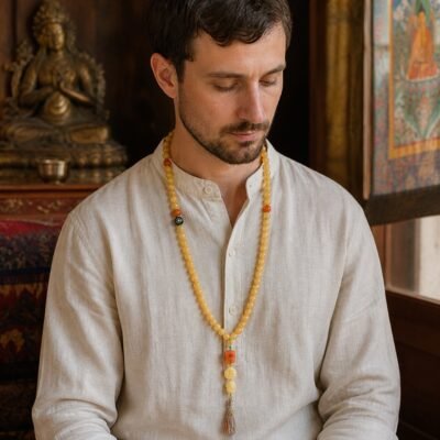 108-bead-golden-carved-charm-mala-wearing-man-light Golden Guardian Carved 108-Bead Mala