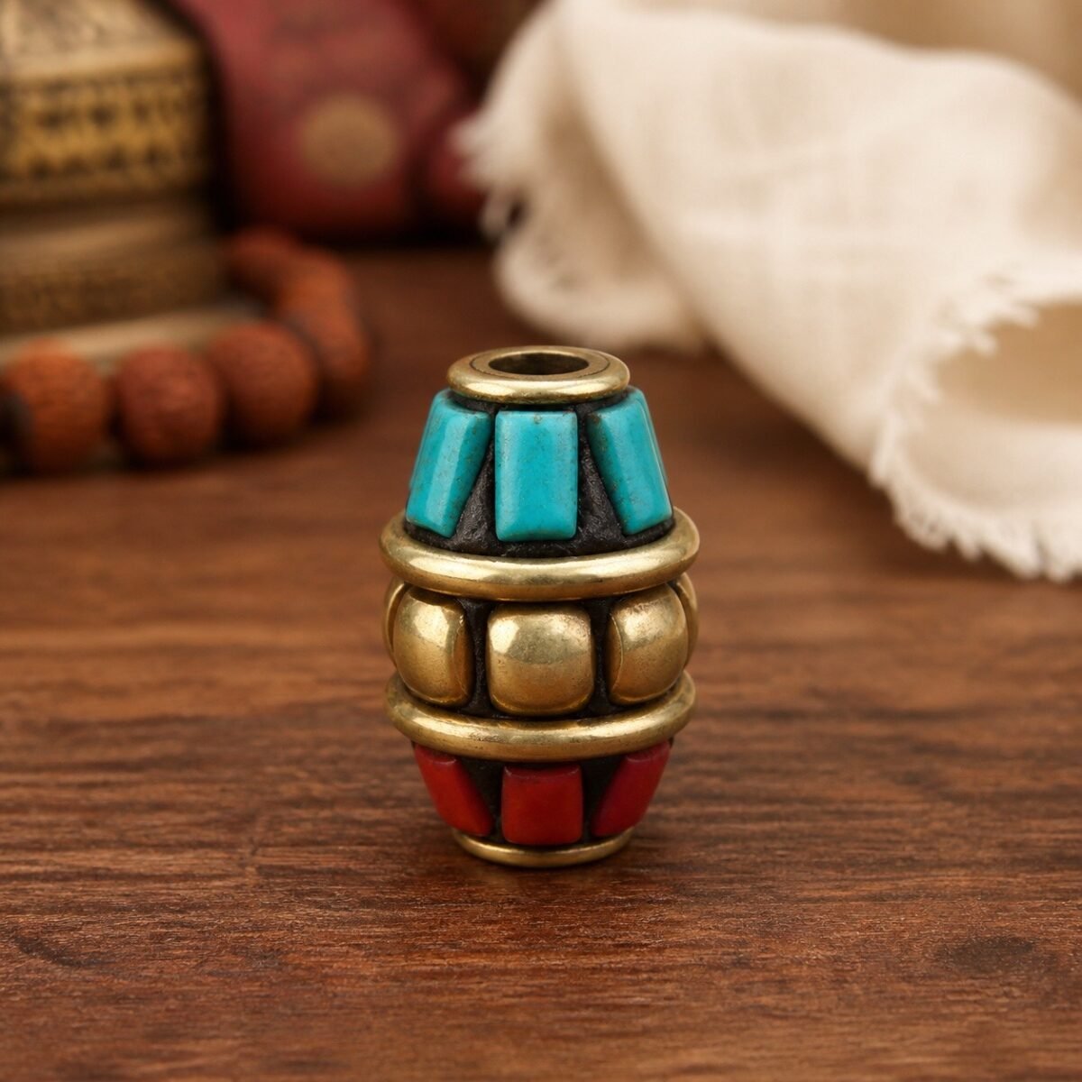 18-tall-amulet-barrel-14x11mm Tibetan Brass Inlay Spacer Beads for DIY Malas