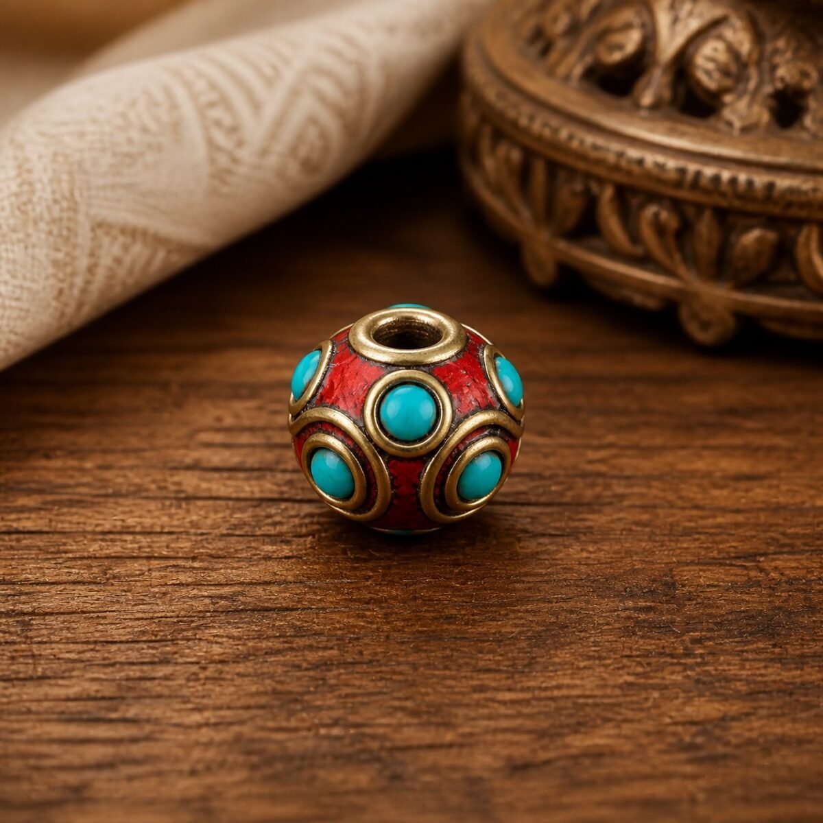 19-turquoise-red-orbit-round-10x9mm Tibetan Brass Inlay Spacer Beads for DIY Malas