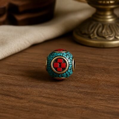 20-red-turquoise-mosaic-globe-10x9mm Tibetan Brass Inlay Spacer Beads for DIY Malas