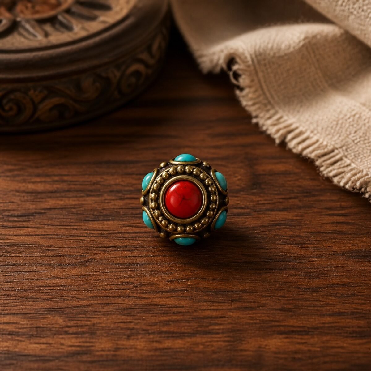 23-red-sun-round-spacer-10x9mm Tibetan Brass Inlay Spacer Beads for DIY Malas