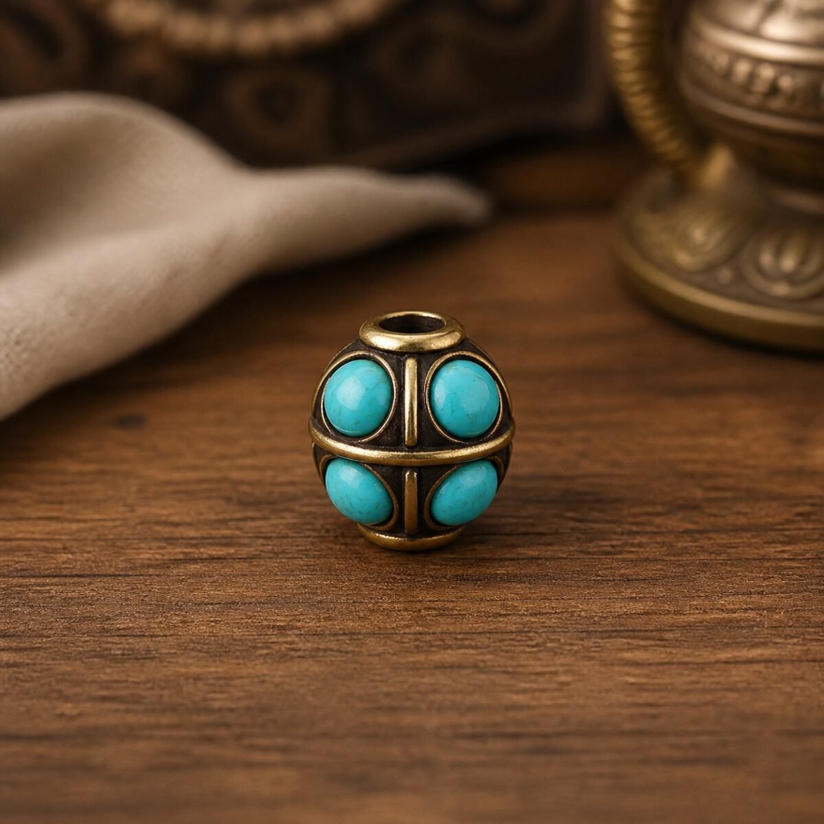 24-turquoise-cross-ribbed-barrel-10x10mm Tibetan Brass Inlay Spacer Beads for DIY Malas