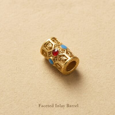 Brass mala spacer bead with gold-tone finish and red and turquoise-blue inlay