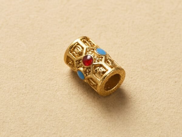 Brass mala spacer bead with gold-tone finish and red and turquoise-blue inlay