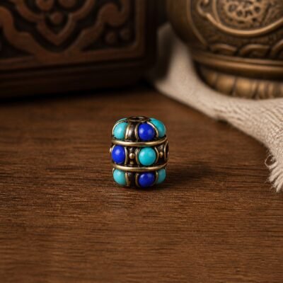 25-blue-turquoise-ribbed-barrel-10x10mm Tibetan Brass Inlay Spacer Beads for DIY Malas