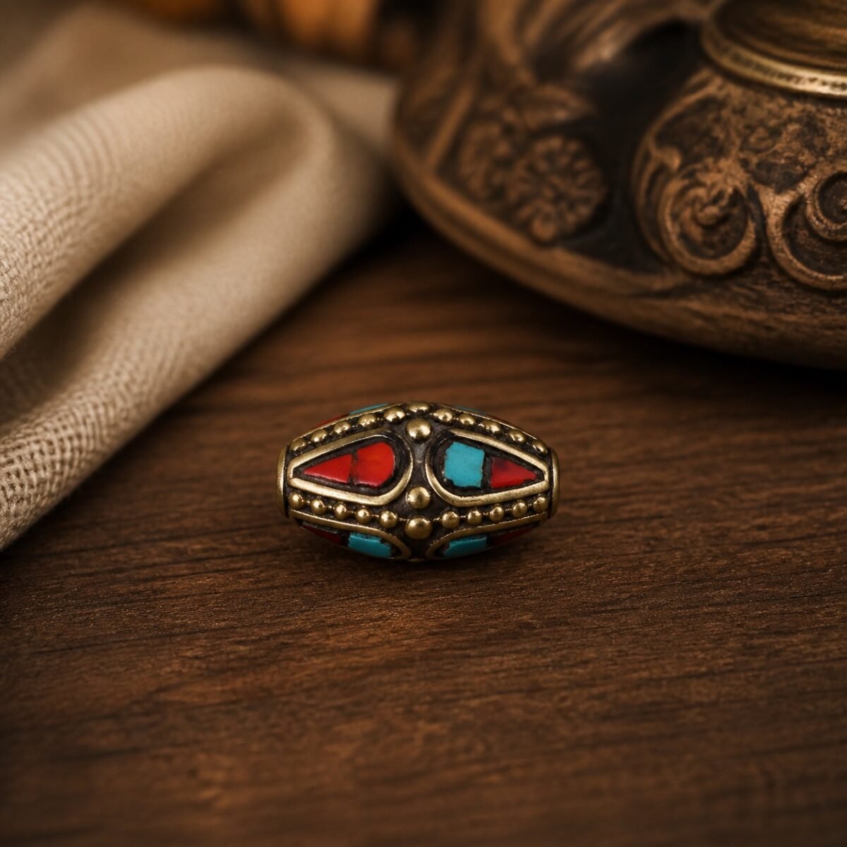 26-oval-red-turquoise-shield-spacer-11x10mm Tibetan Brass Inlay Spacer Beads for DIY Malas