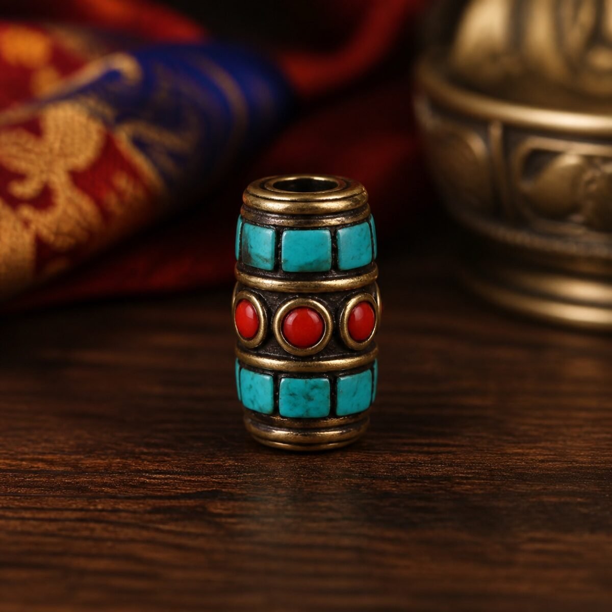 29-long-turquoise-coral-prayer-barrel-14x10mm Tibetan Brass Inlay Spacer Beads for DIY Malas