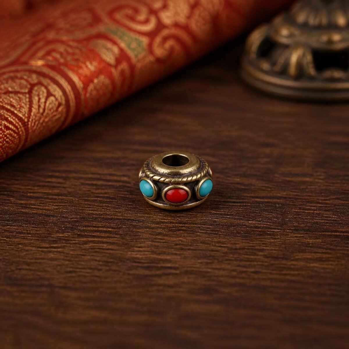 30-slim-coral-turquoise-rondelle-9x6mm Tibetan Brass Inlay Spacer Beads for DIY Malas