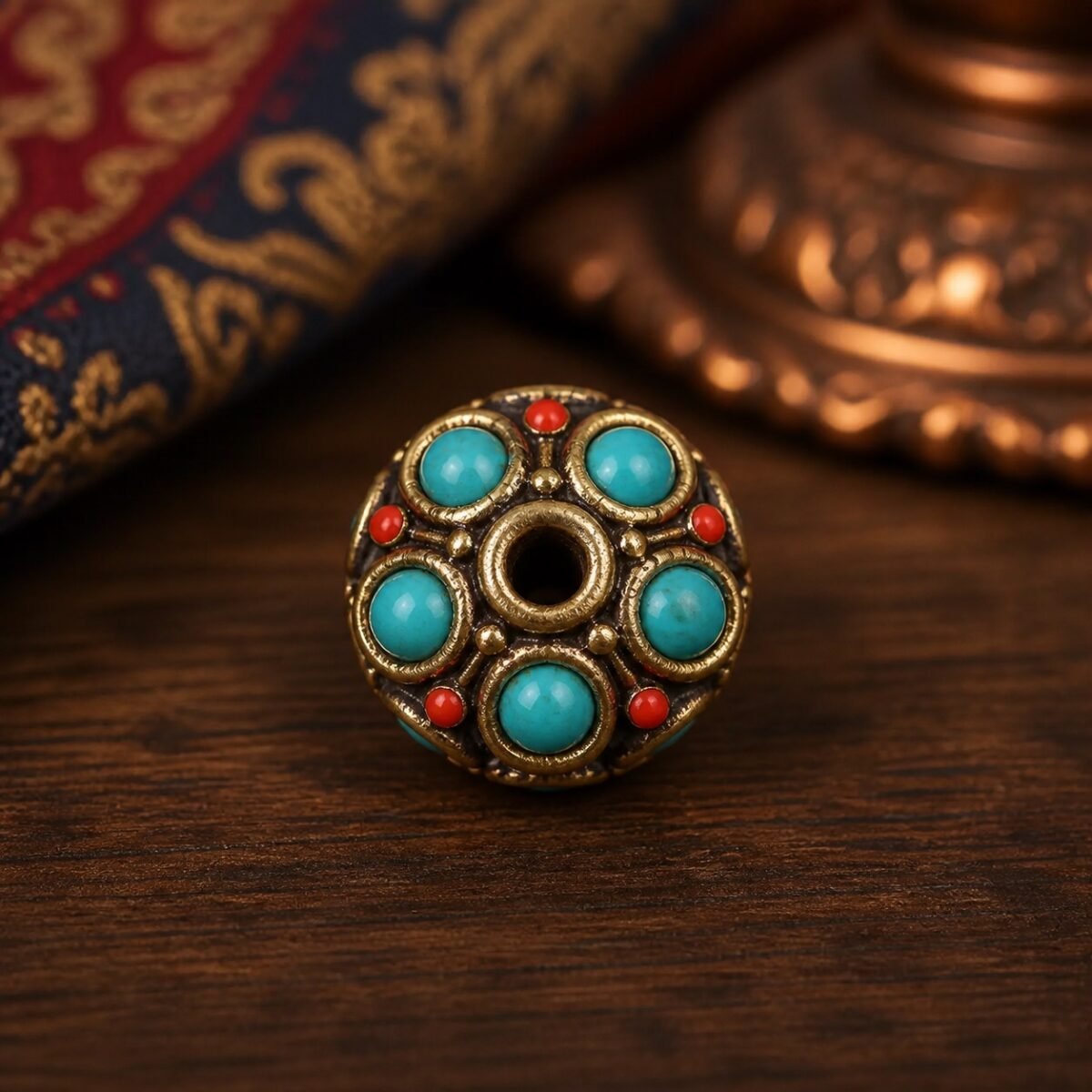 31-antique-brass-turquoise-flower-spacer-10x9mm Tibetan Brass Inlay Spacer Beads for DIY Malas