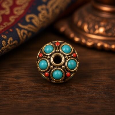 31-antique-brass-turquoise-flower-spacer-10x9mm Tibetan Brass Inlay Spacer Beads for DIY Malas